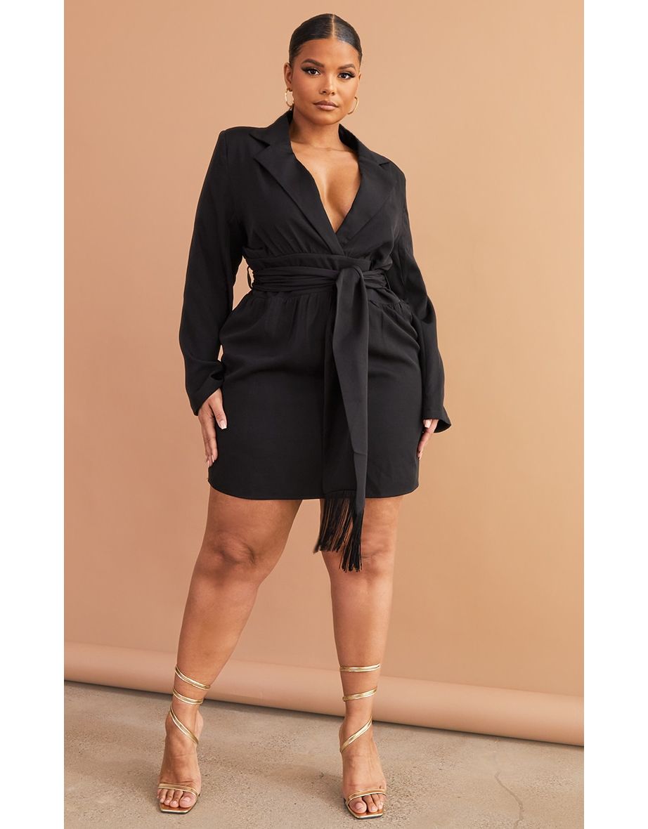 Plus Black Wrap Front Tassel Belted Dress