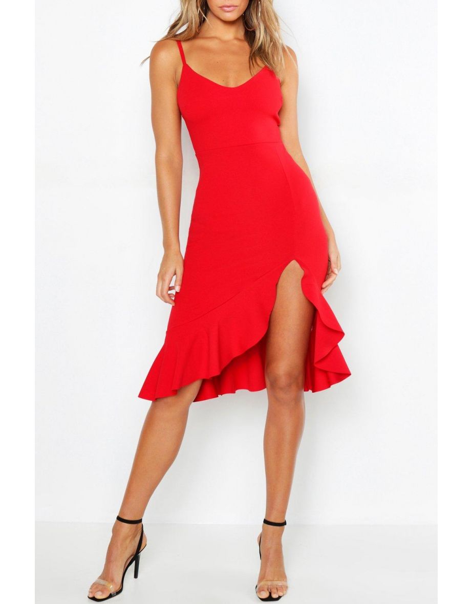 فستان ميدي بحواف كشكش بحمالات رفيعة - أحمر - 3