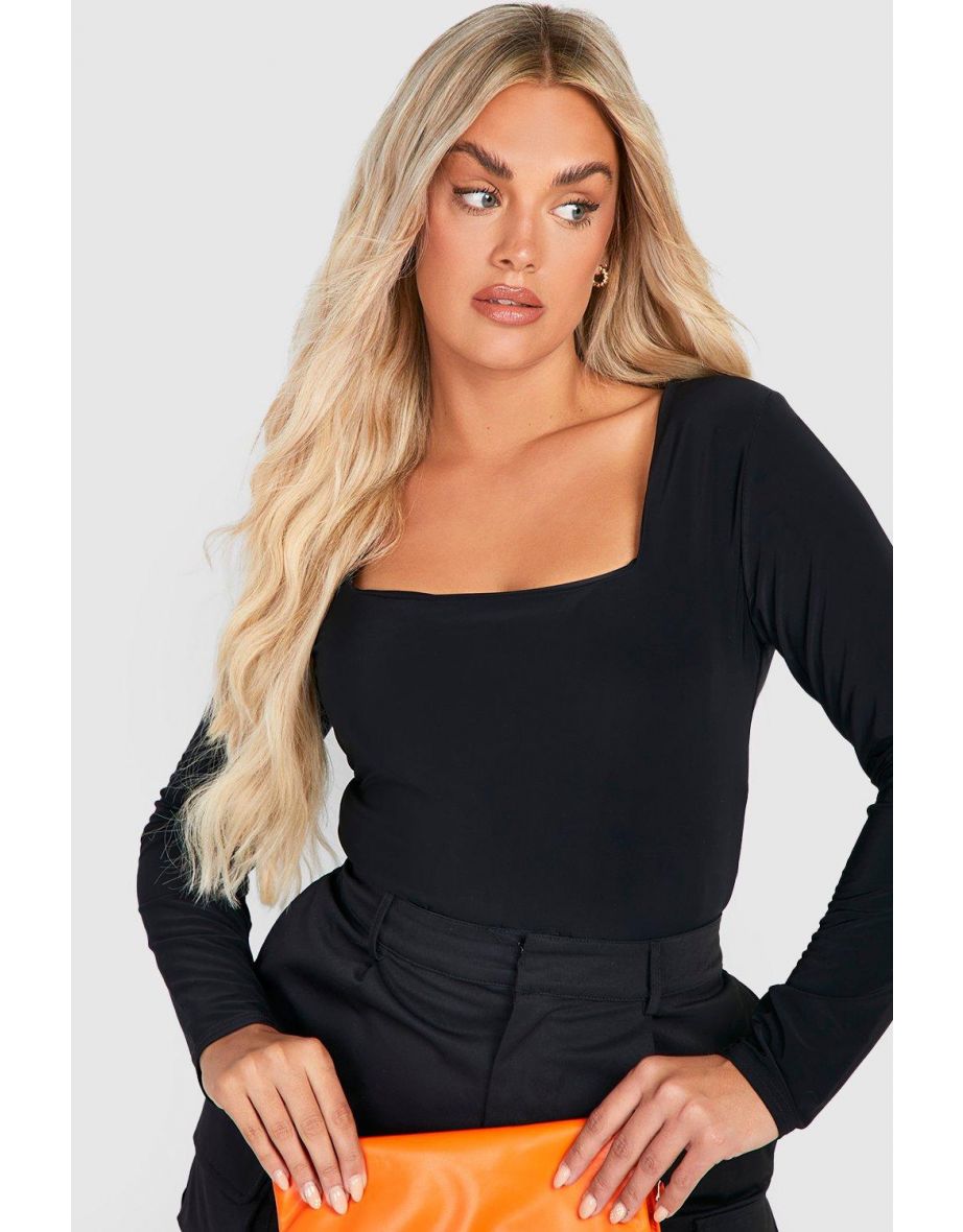 Plus Double Layer Slinky Square Neck Bodysuit - black - 3