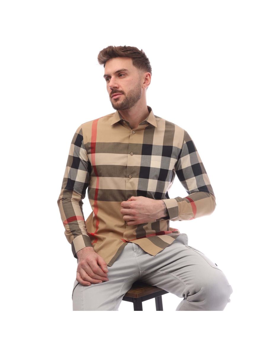 Men's Burberry Check Cotton Shirt in Cream - 3