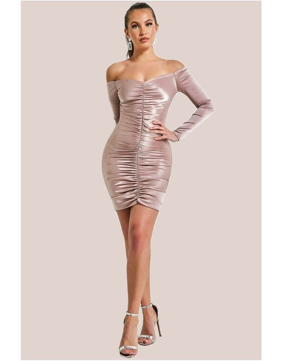 Goddiva Off The Shoulder Ruched Mini - Champagne