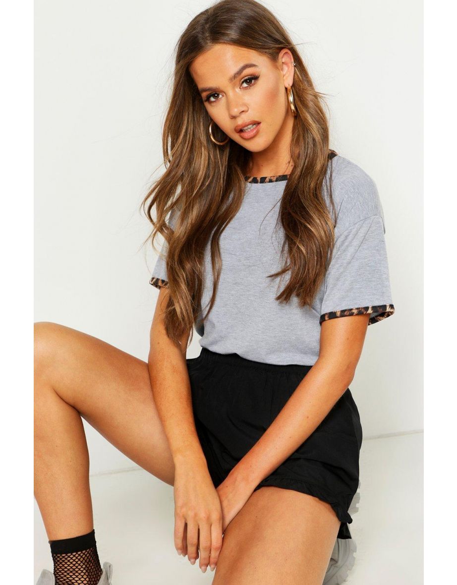 Leopard Print Ringer T-Shirt - grey