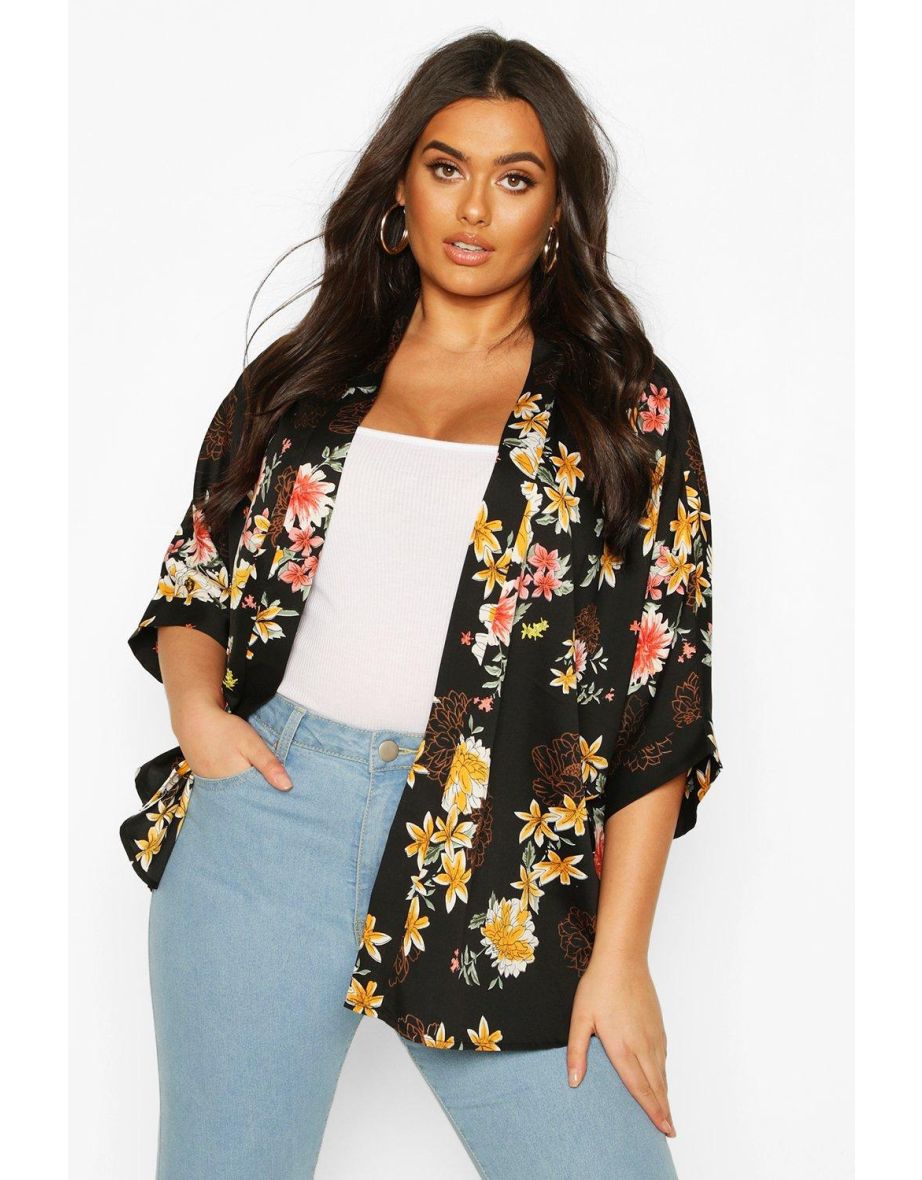 Plus Large Floral Kimono - black - 3
