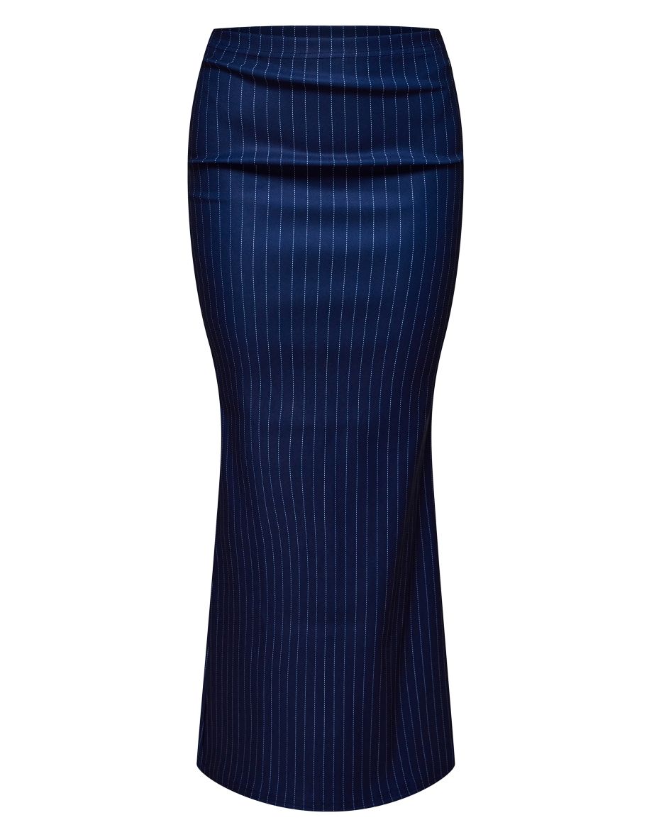 Navy Pinstripe Stretch Woven Tailored Maxi Skirt - 4