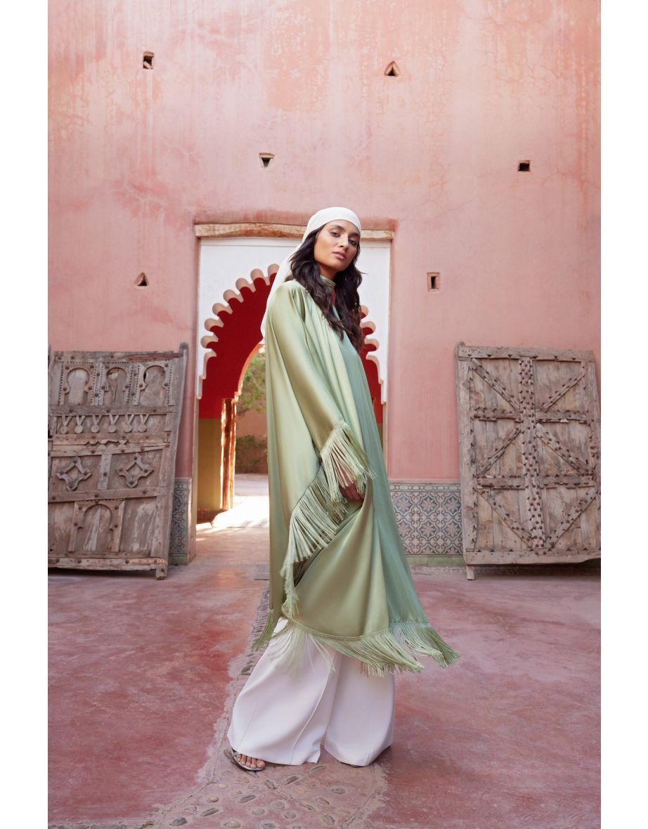 Khaki Tassel Detailed Satin Woven Kaftan Evening Dress - 9