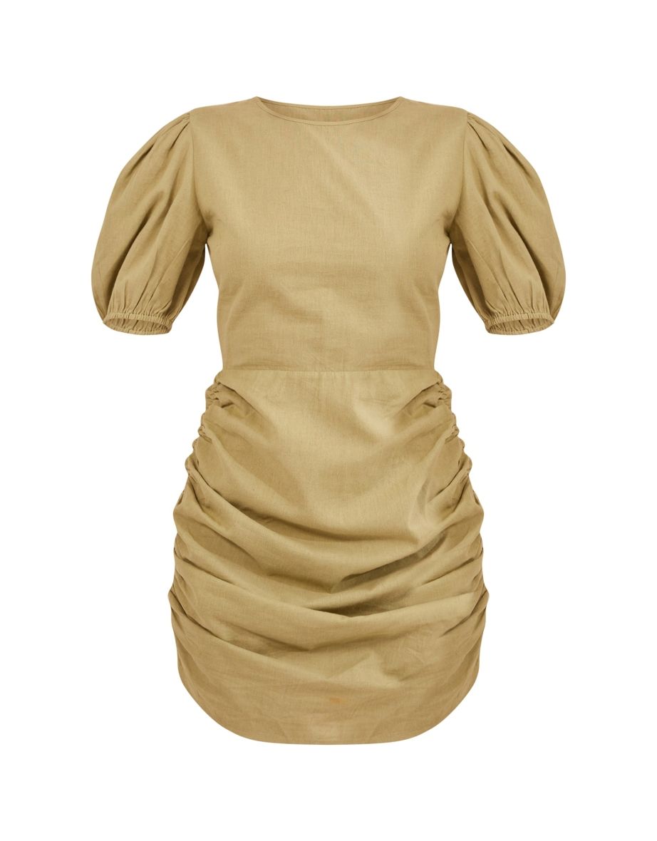 Khaki Linen Scoop Neck Ruched Skirt Bodycon Dress - 4