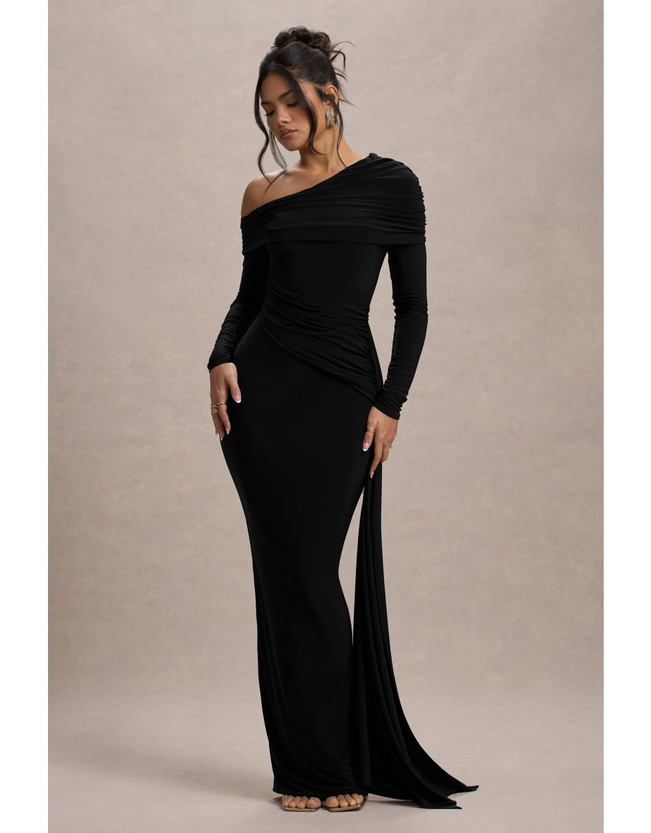 Valina | Black Ruched Asymmetric Maxi Dress With Drape - 5