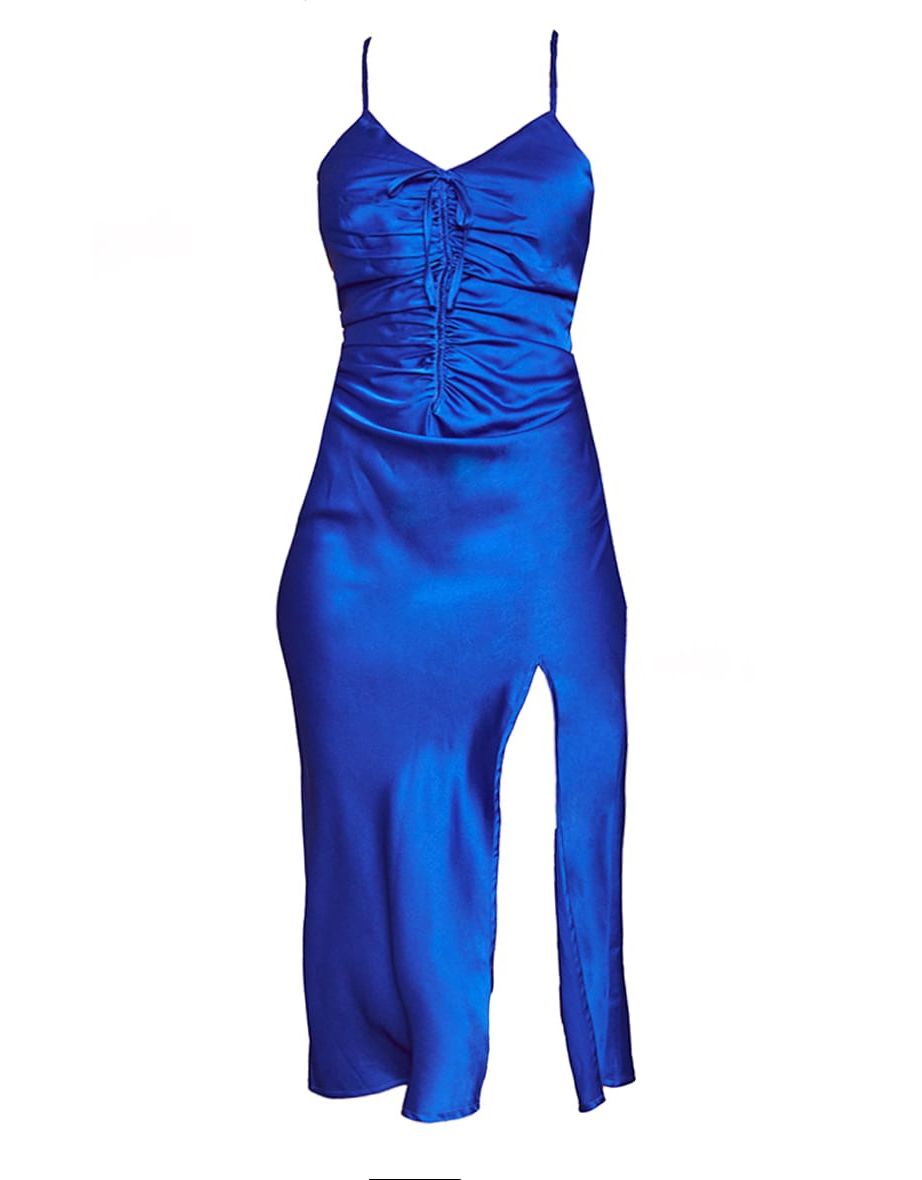 Bright Blue Ruched Centre Cross Back Satin Midi Dress - 4