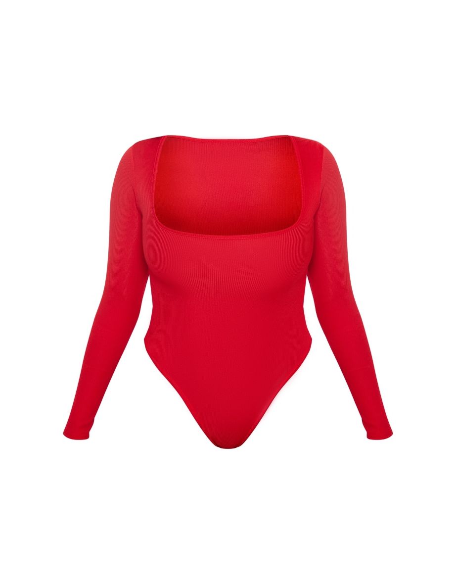 Shape Bright Red Rib Long Sleeve Square Neck Bodysuit - 4