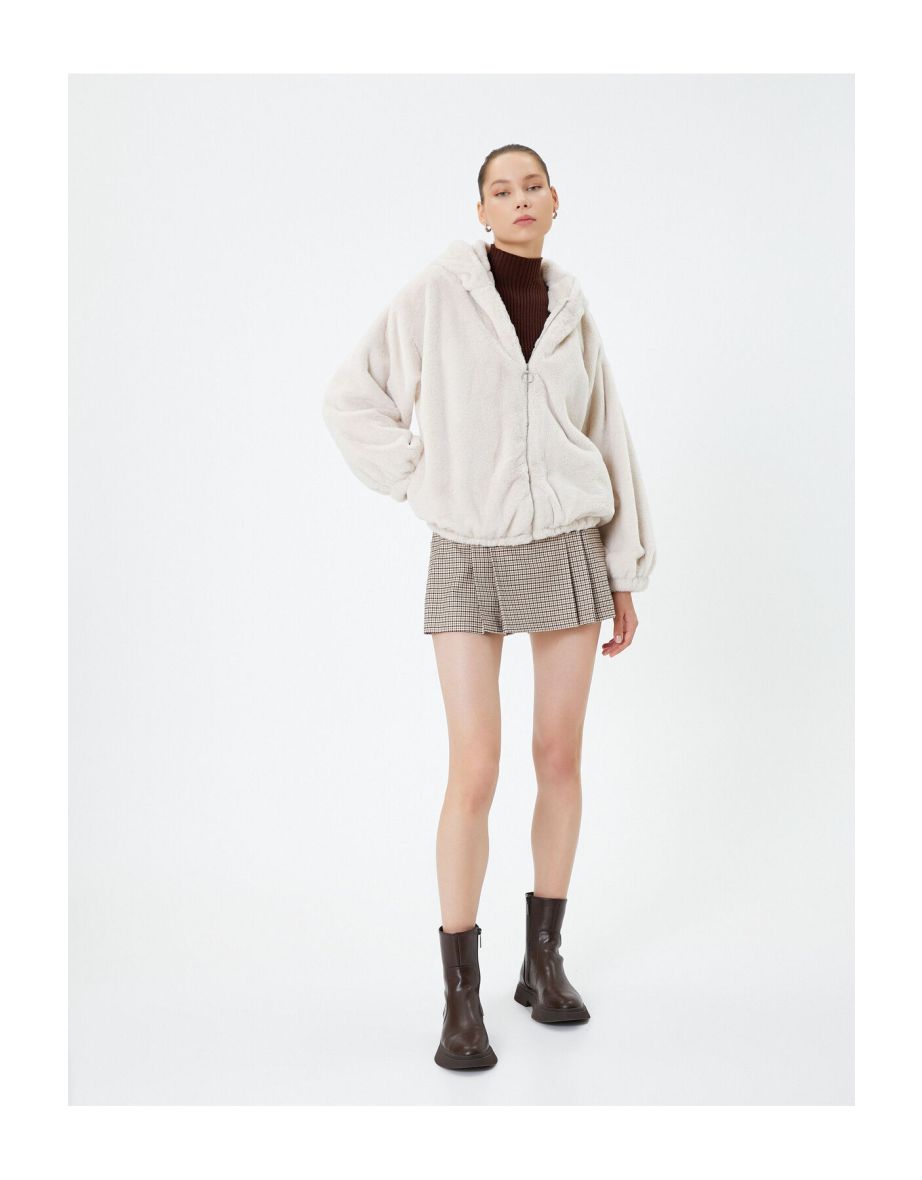 Hooded Plush Jacket Zipper Long Sleeves Elasticated Cuffs
