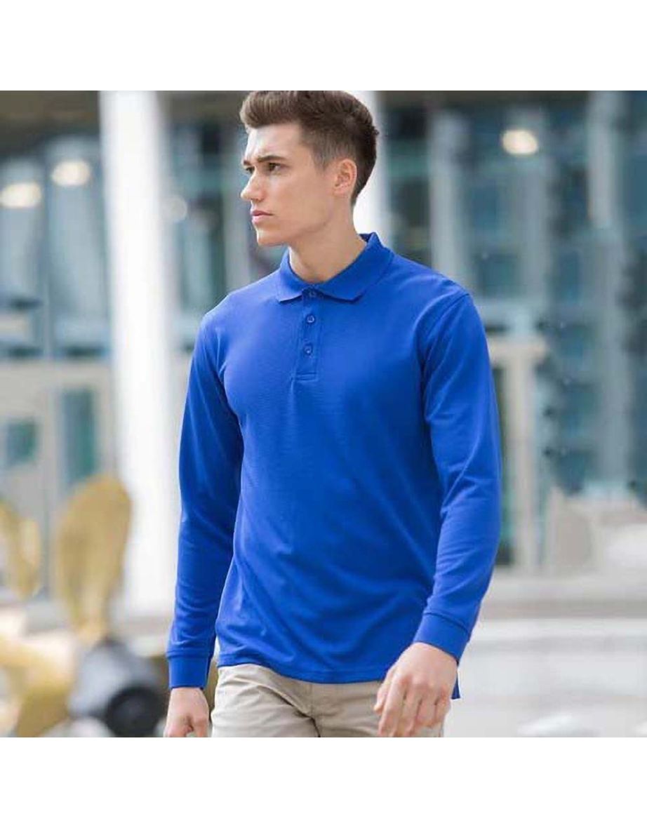Henbury Mens Coolplus Moisture Wicking Long Sleeve Polo Shirt - Royal