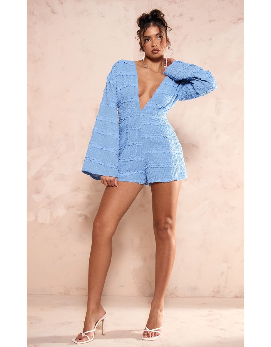 Dusty Blue Dobby Textured Flare Sleeve Plunge Playsuit