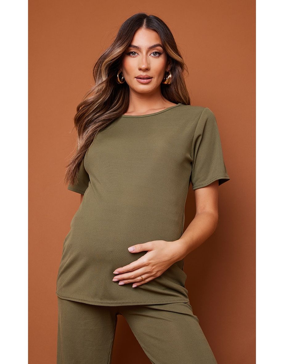 Maternity Olive Rib Oversized Short Sleeved T Shirt