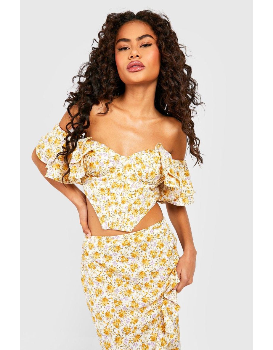Floral Ruffle Sleeve Off The Shoulder Corset Top - yellow