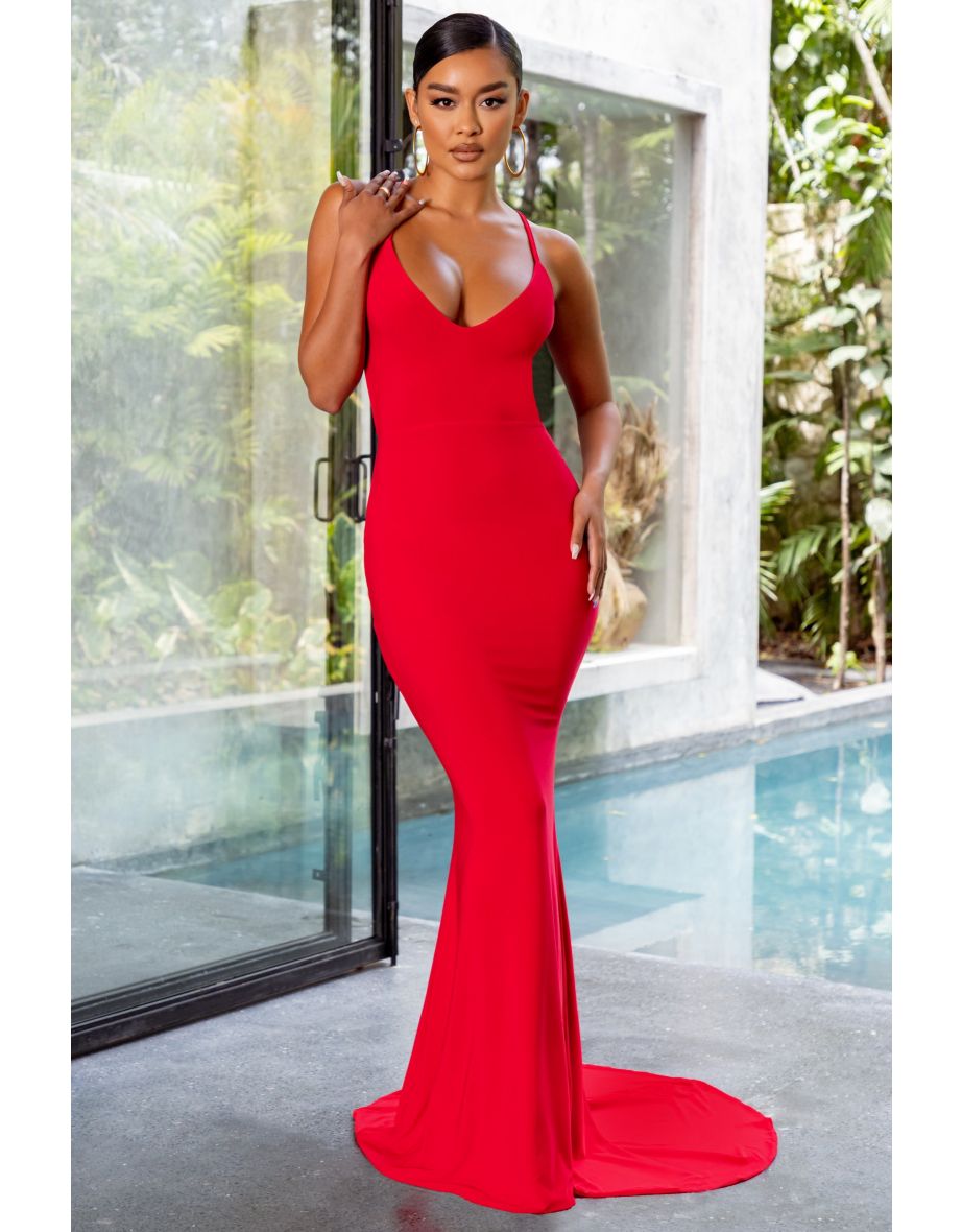 Red Backless Knot Detail Fishtail Maxi Dress - 4
