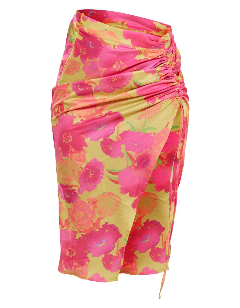 Pink Blurred Floral Print Woven Ruched Detail Midi Skirt - 4