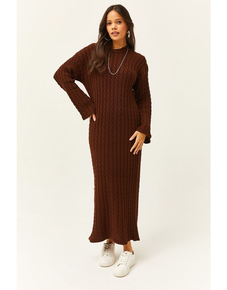 Women's Bitter Brown Hair Braided Long Knitwear Dress