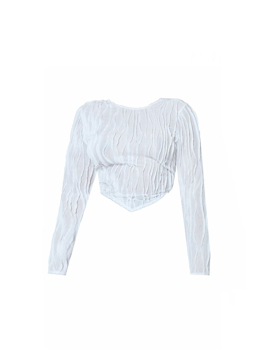 Plus White Textured Longsleeve Crop Top - 4