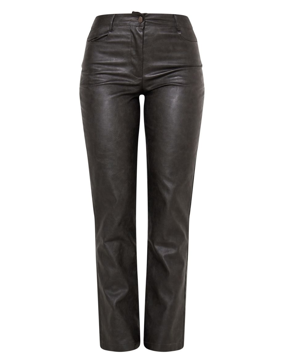 Premium Grey Washed Faux Leather Low Rise Straight Leg Trousers - 3