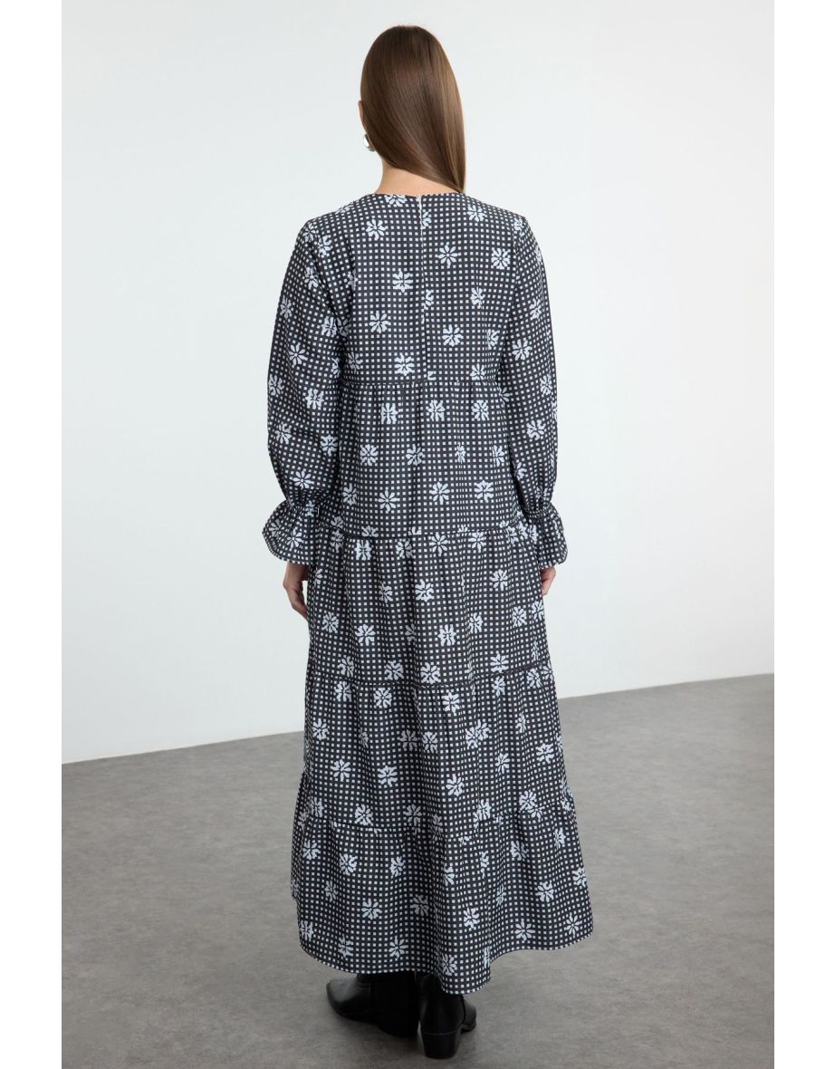 Black Lined Floral Woven Terrycotton Dress - 4