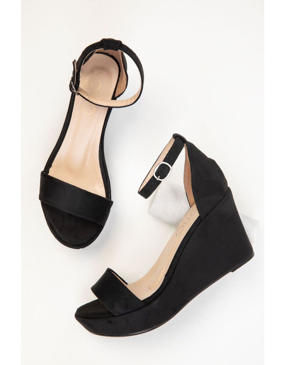 Women's Black Suede Wedge Heels Shoes - 4