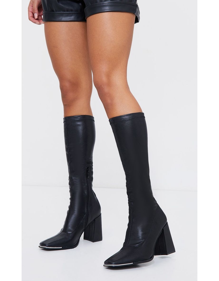 Black PU Toe Cap Square Toe Calf Heeled Sock Boots