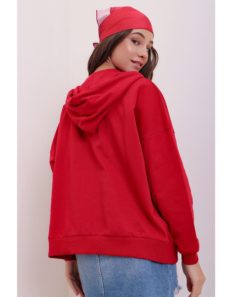 Women's Red Hooded Seasonal Sweatshirt with Two Pockets and Zipper - 3