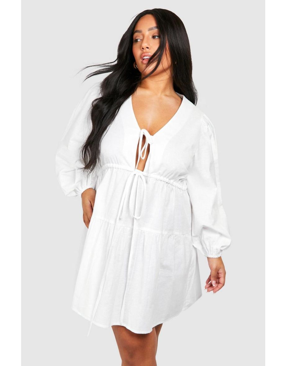 Plus Woven Tie Detail Long Sleeve Skater Dress - white