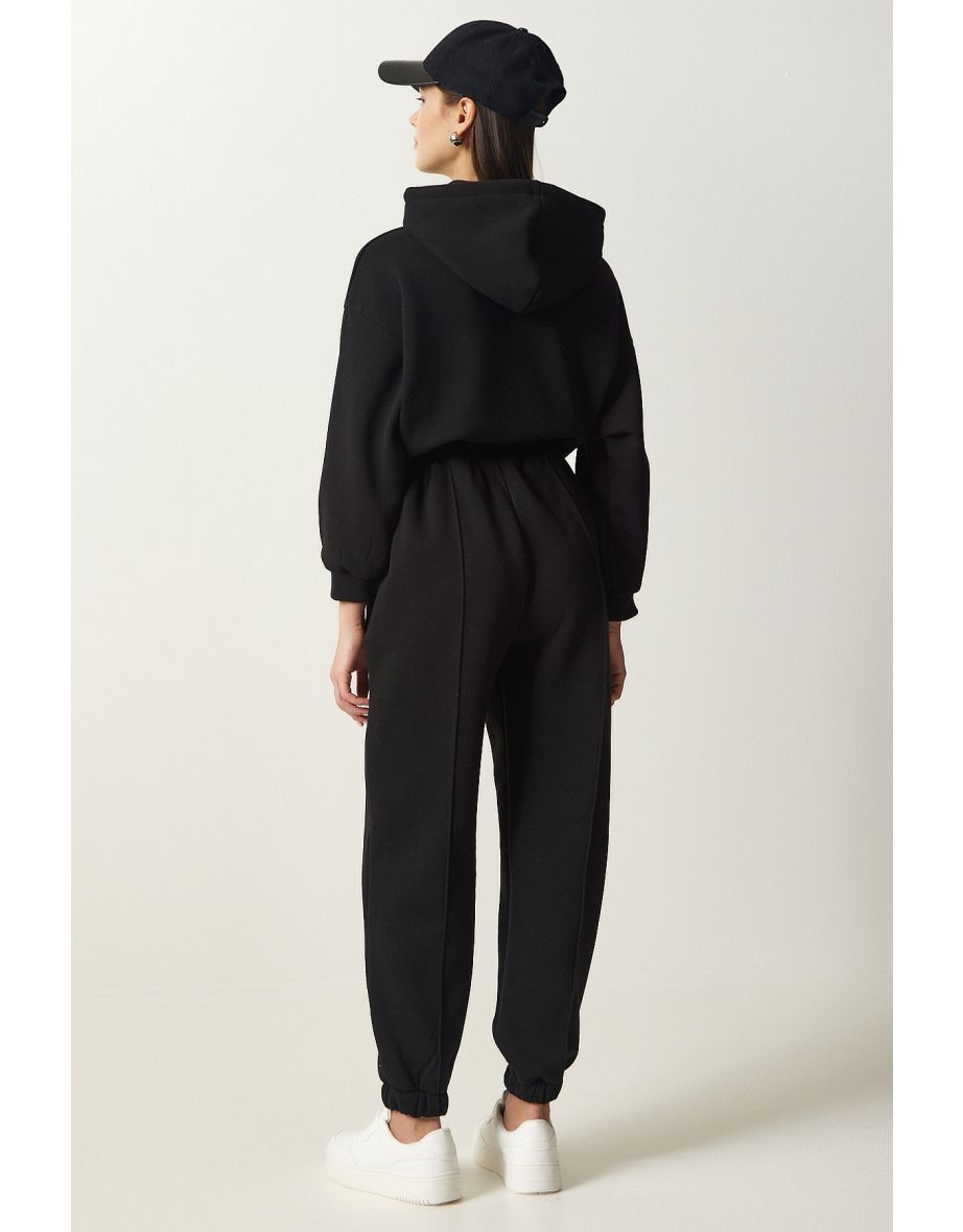 Women's Black Hooded Shawl Knitted Tracksuit Set - 9
