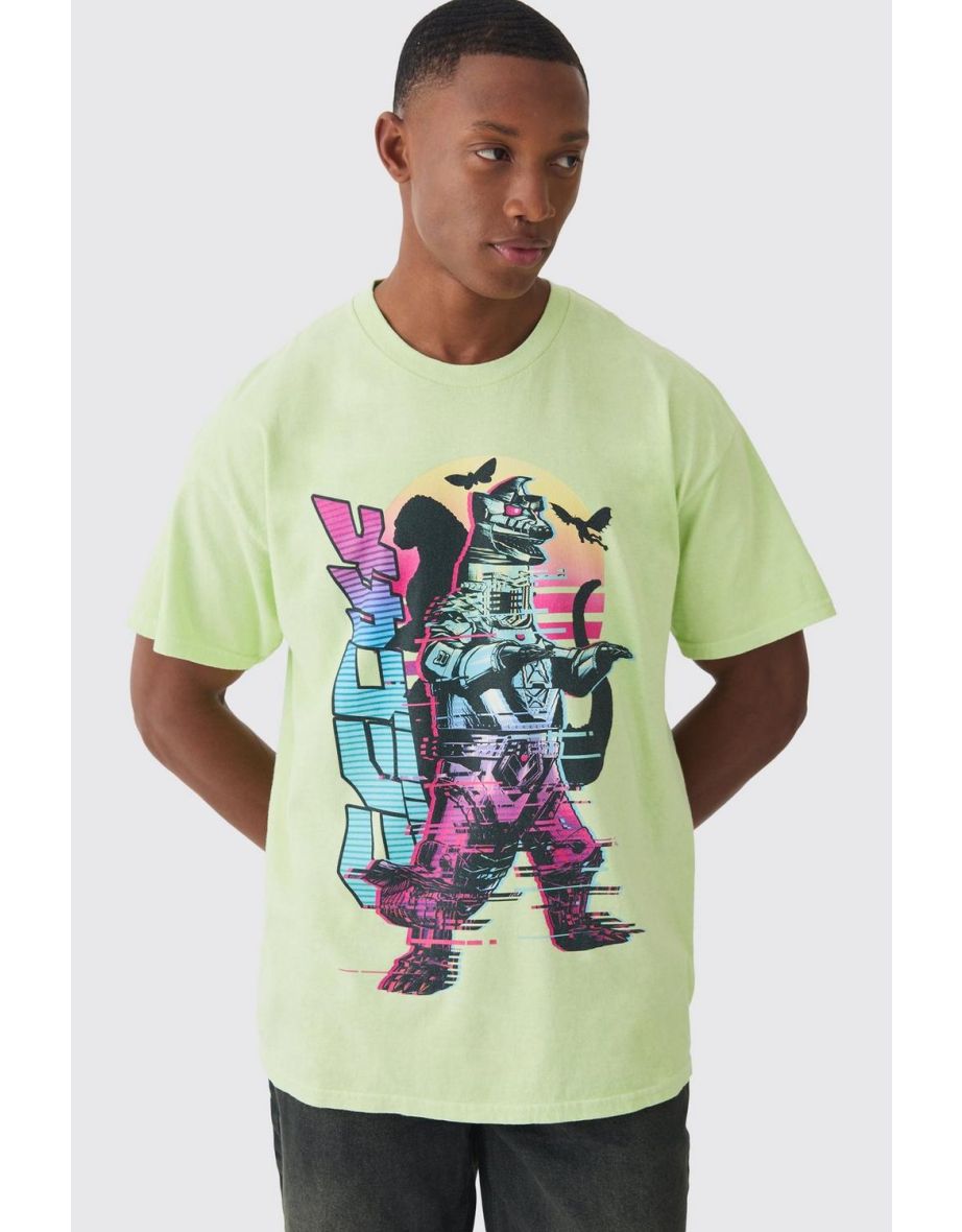 Oversized Godzilla Anime Wash License T-shirt - green
