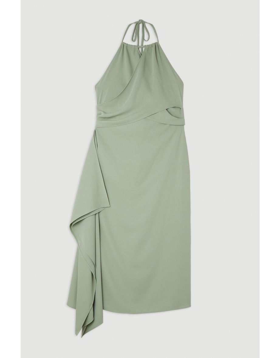 Soft Tailored Draped Wrap Halter Tie Neck Midi Dress - 3
