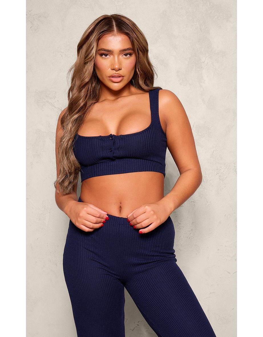 Navy Waffle Button Scoop Neck Top