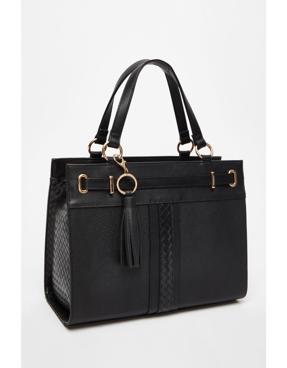 Black Faux Leather Large Tote Bag