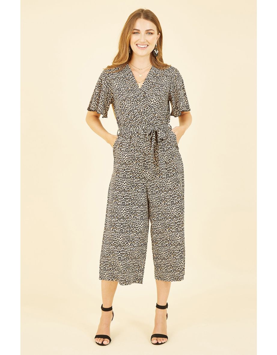 Mela Brown Animal Print Jumpsuit With Angel Sleeves