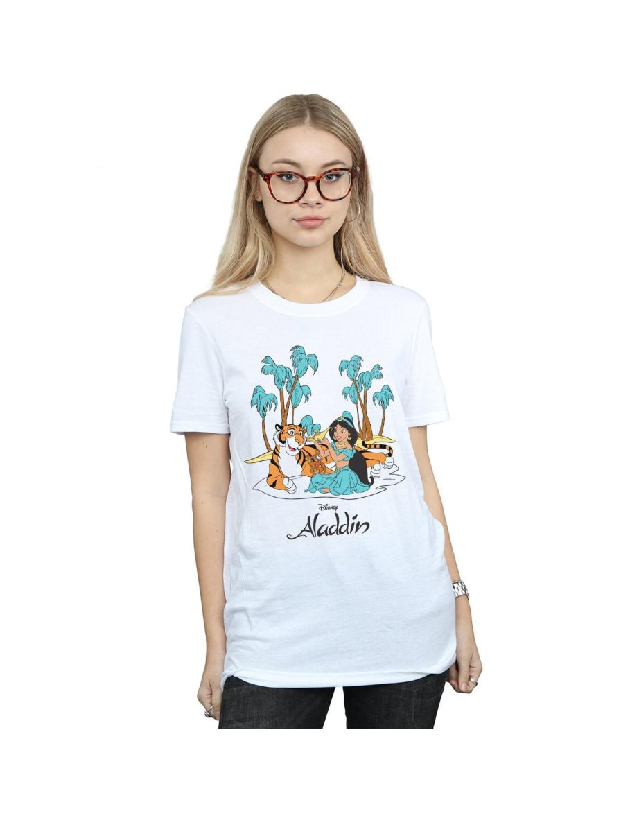 Disney Womens/Ladies Aladdin Jasmine Abu Rajah Beach Cotton Boyfriend T-Shirt - White