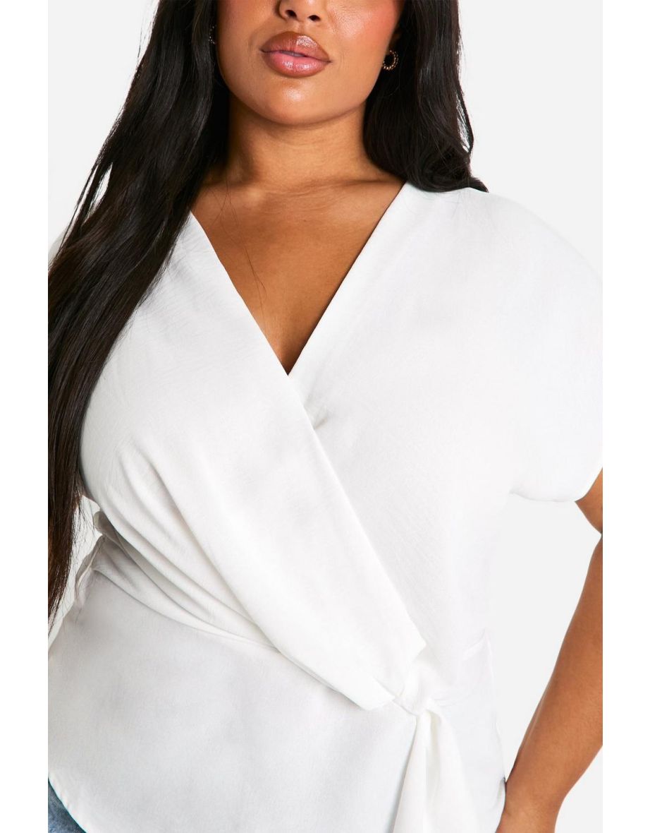 Plus Hammered Wrap Knot Front Blouse - ivory - 3