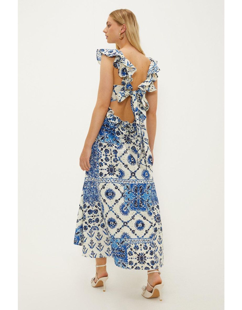 Ruffle Strap Tie Back Printed Broderie Dress - 2