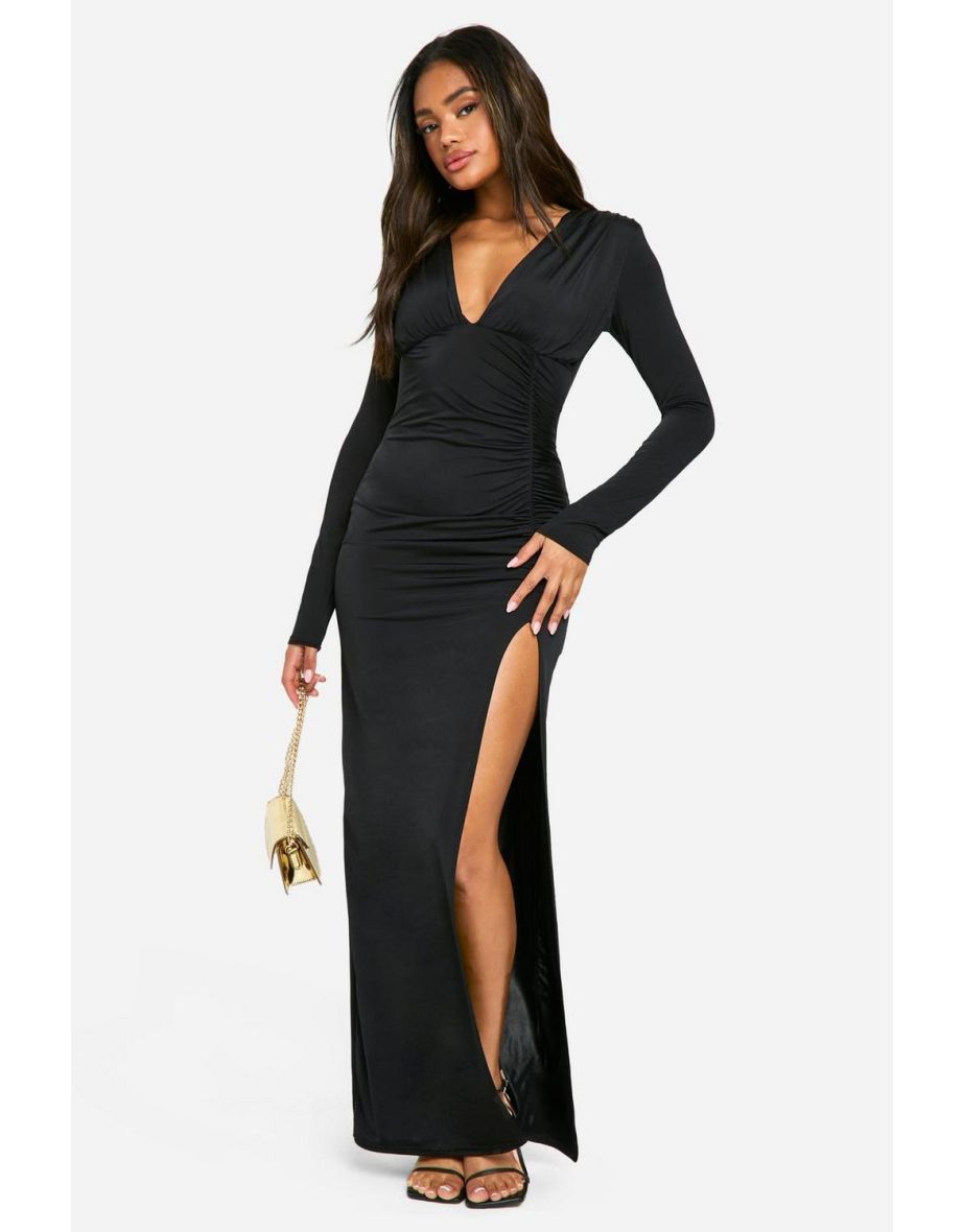Shoulder Pad Plunge Slinky Split Leg Maxi Dress - black