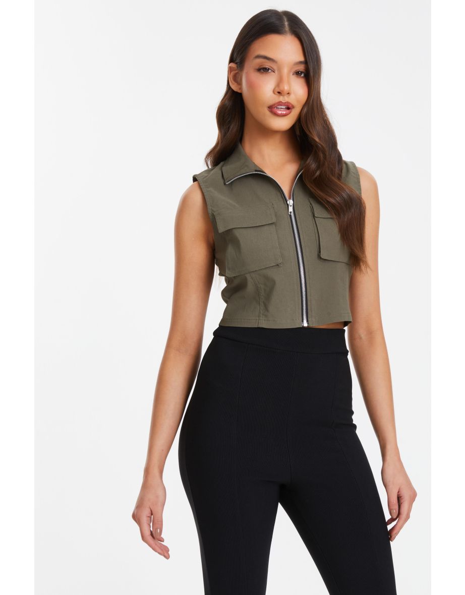 Khaki Cropped Cargo Gilet