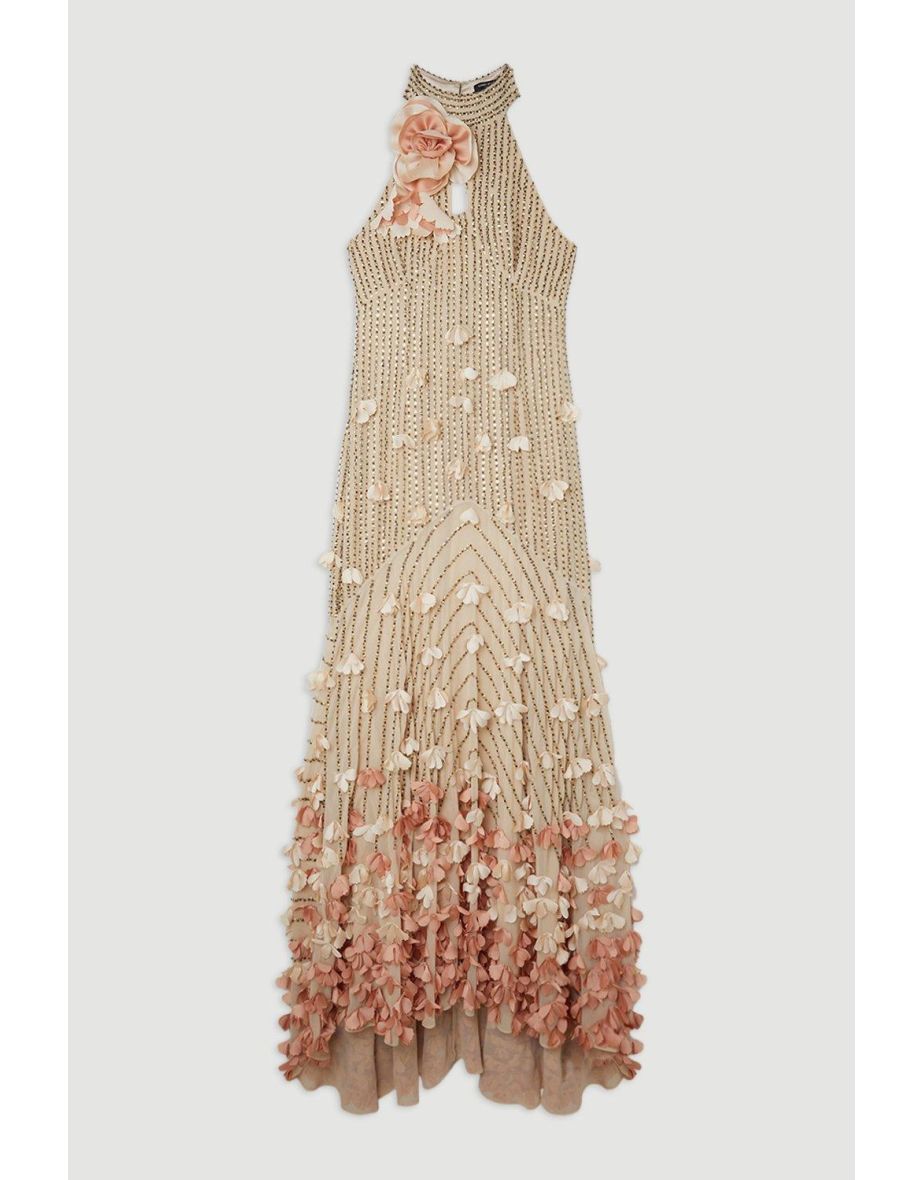 Floral Applique Crystal Embellished Woven Maxi Rosette Maxi Dress - 3