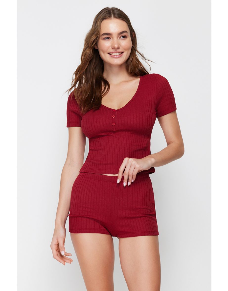 Burgundy Solid Button Camisole Knitted Pajamas Set