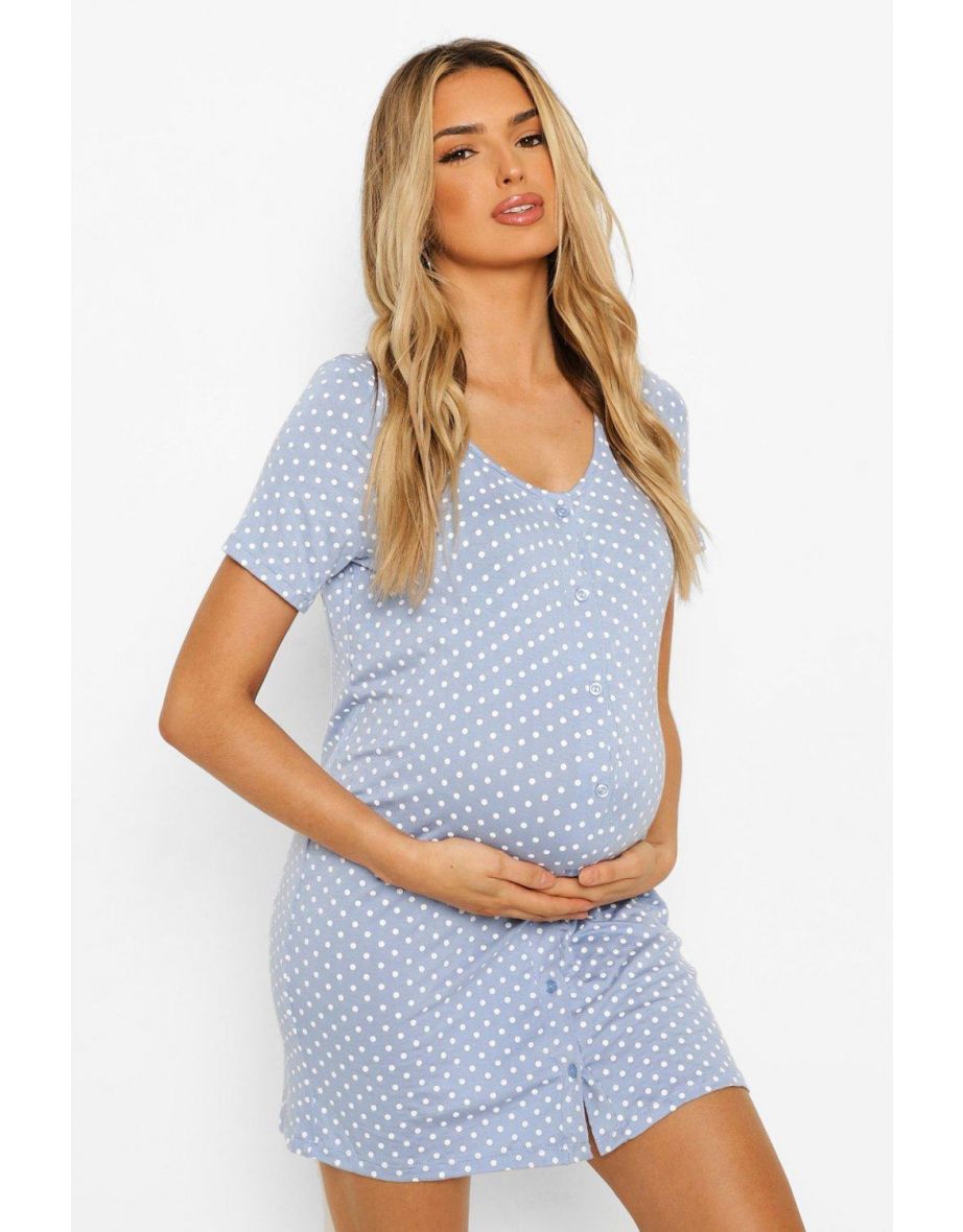 Maternity Polka Dot Button Front Nightie - light blue