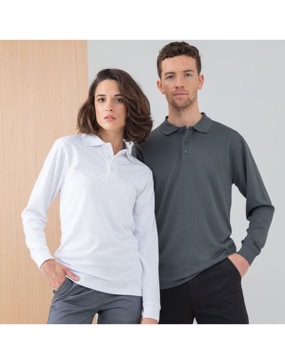 Henbury Mens Coolplus Moisture Wicking Long Sleeve Polo Shirt - White - 1