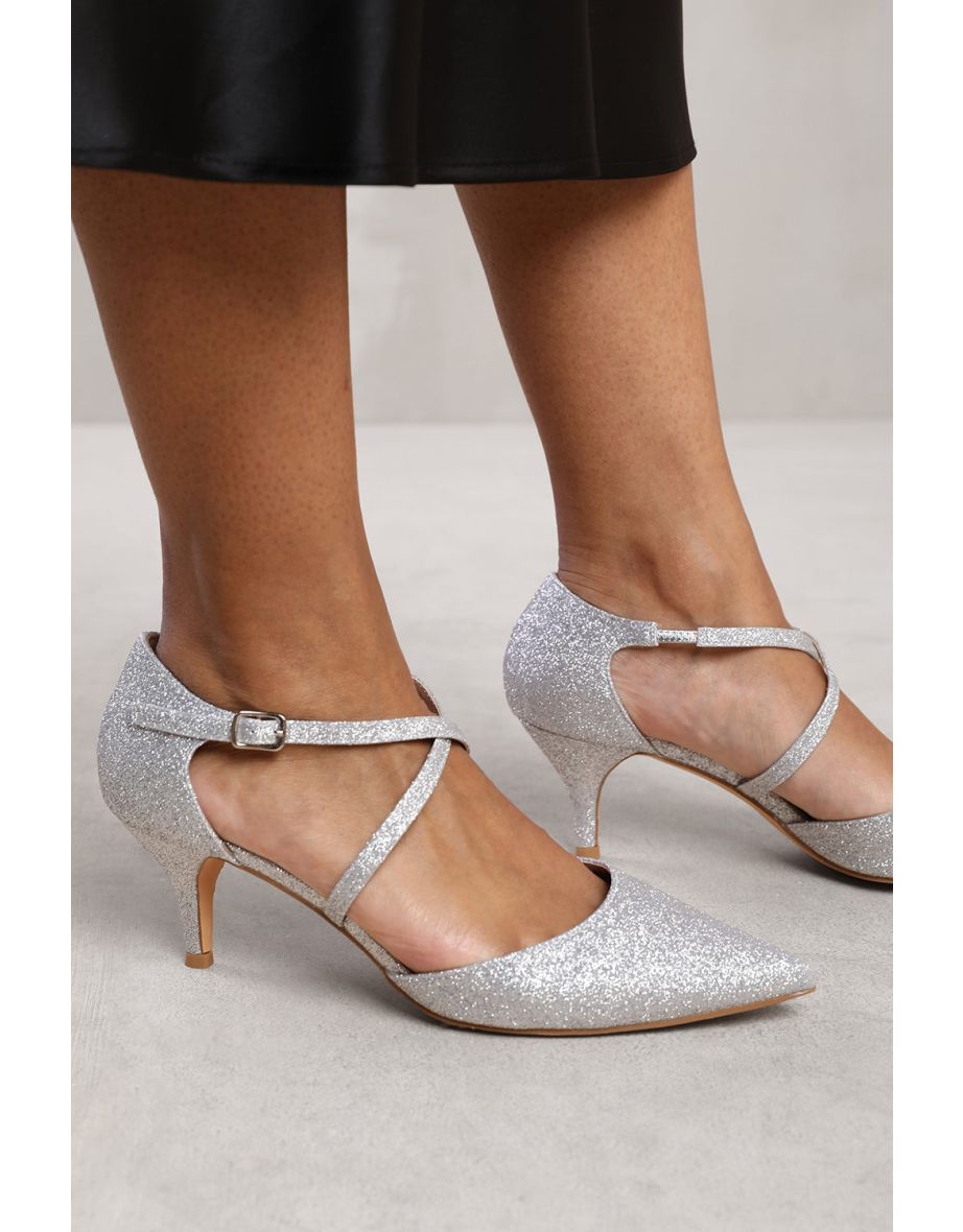 SEANEY LOW KITTEN HEEL WITH CROSSOVER STRAP IN SILVER GLITTER - 2