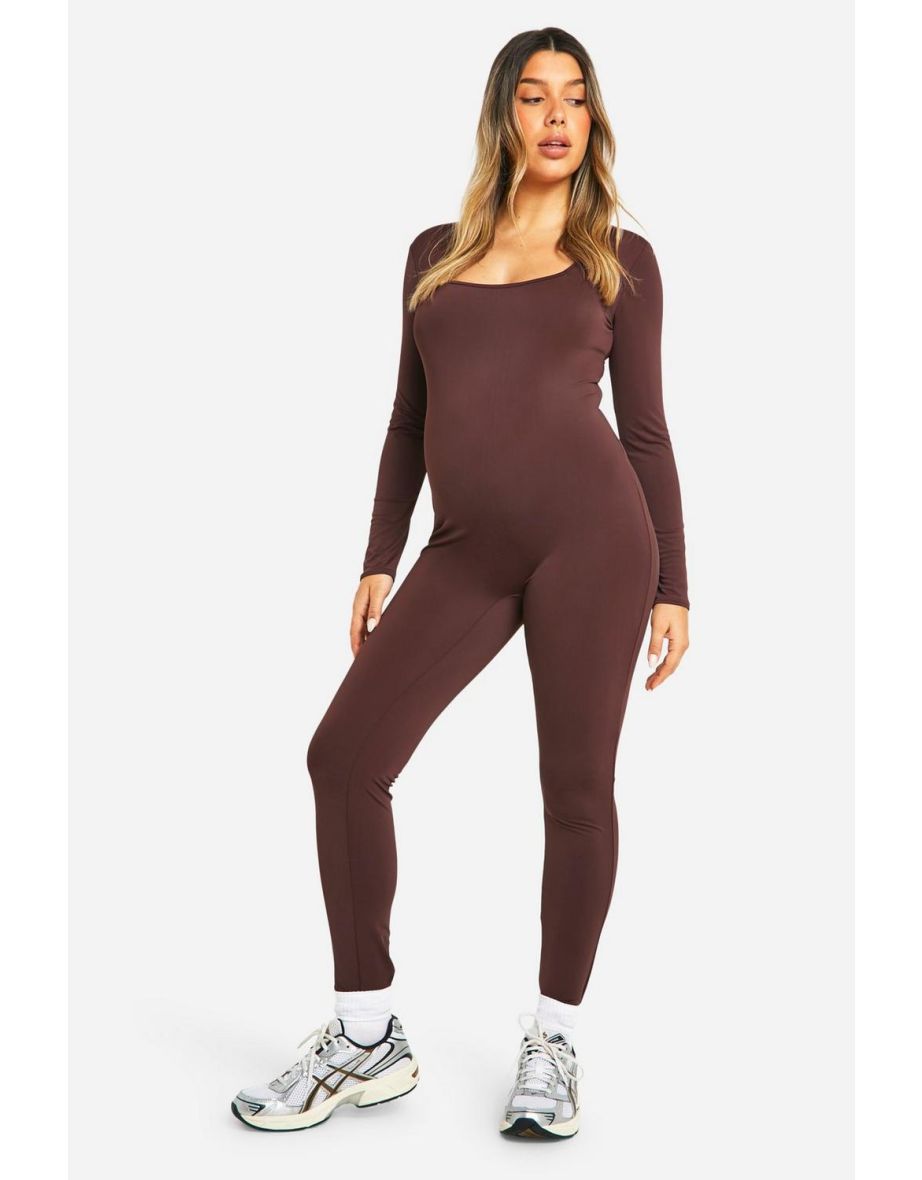 Maternity Matte Slinky Square Neck Unitard - dark brown