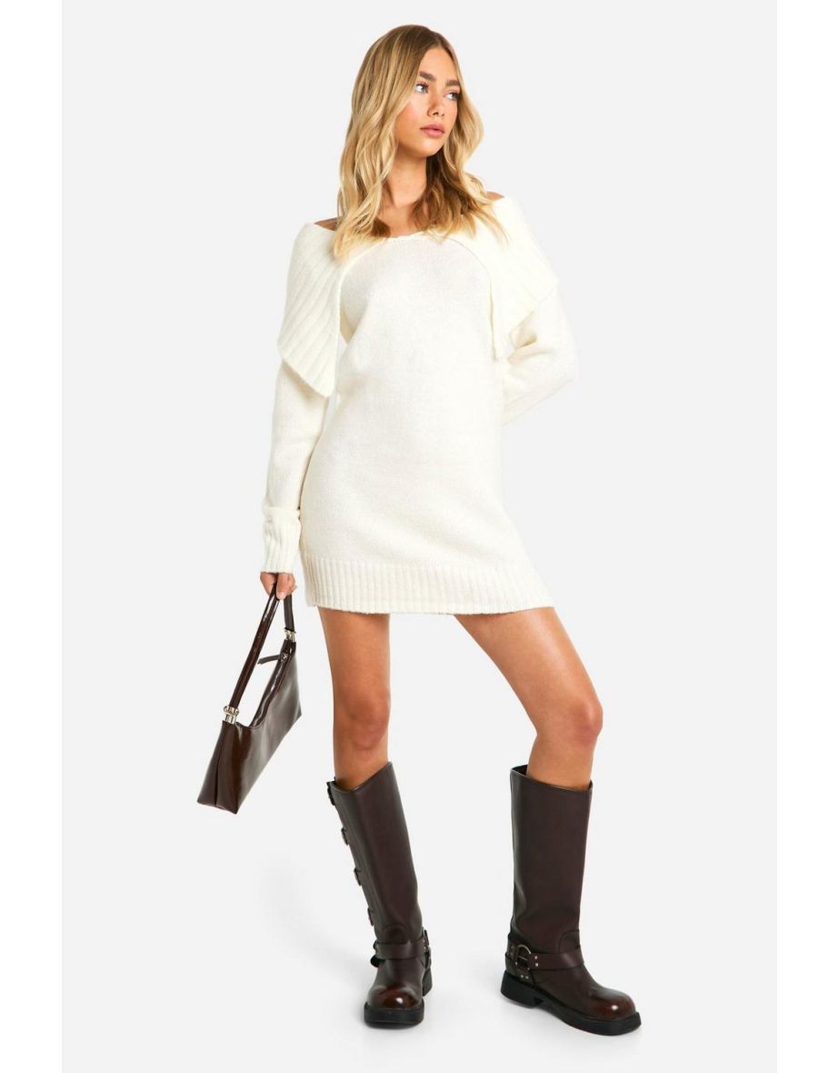 Soft Knit Oversized Collar Off The Shoulder Jumper Dress - ecru