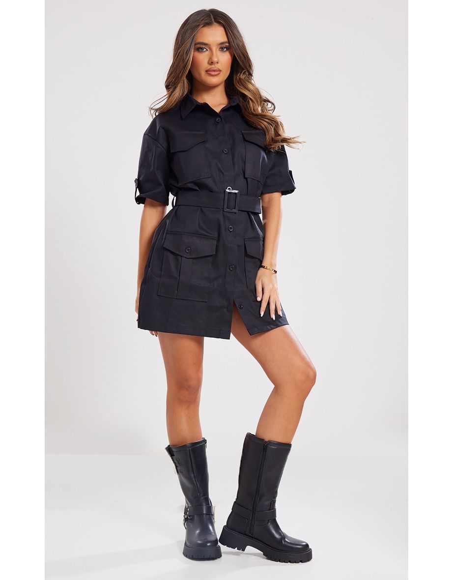 Black Cargo Shirt Sleeve Belted Shirt Dress
