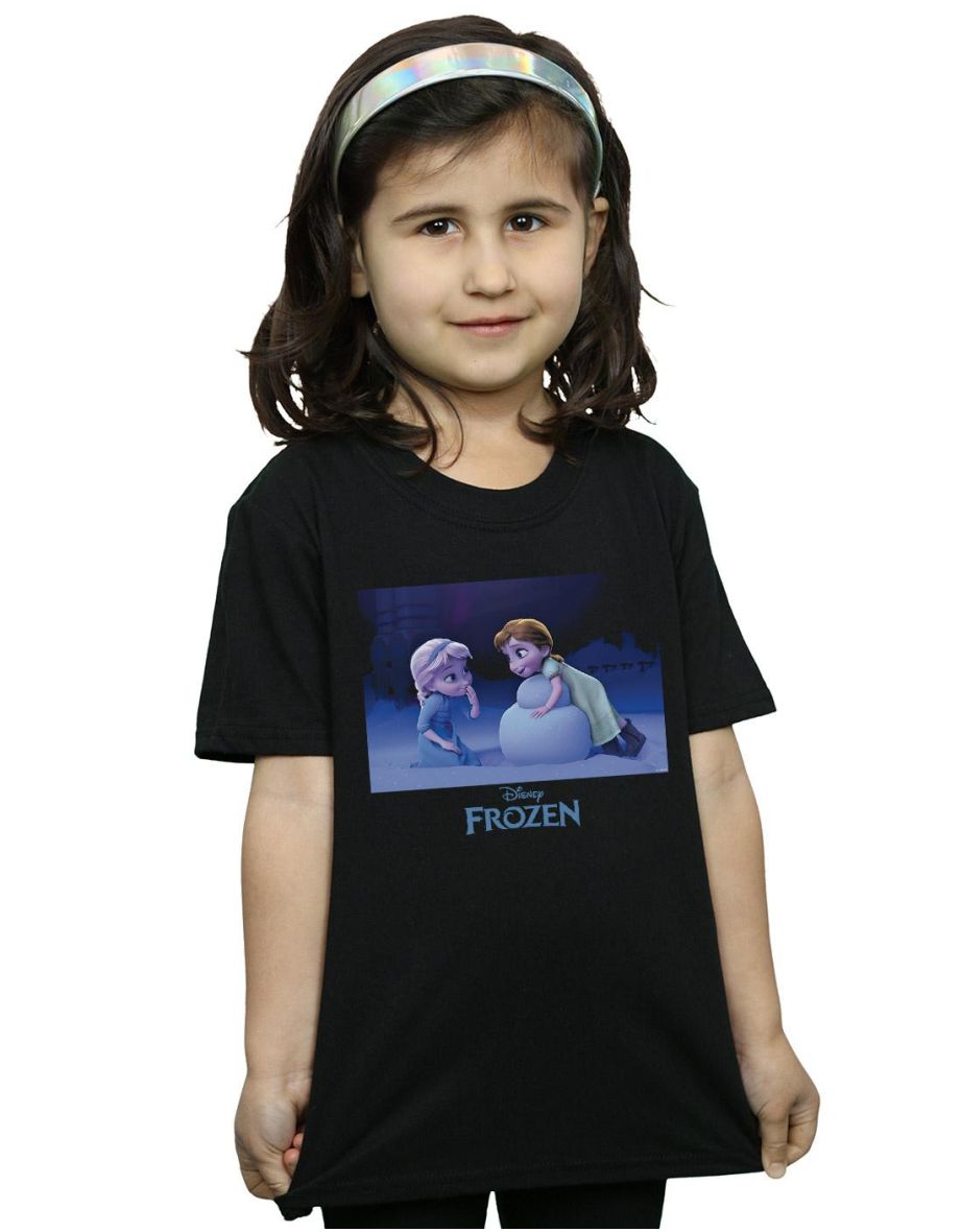 Disney Girls Frozen Build A Snowman Cotton T-Shirt - Black