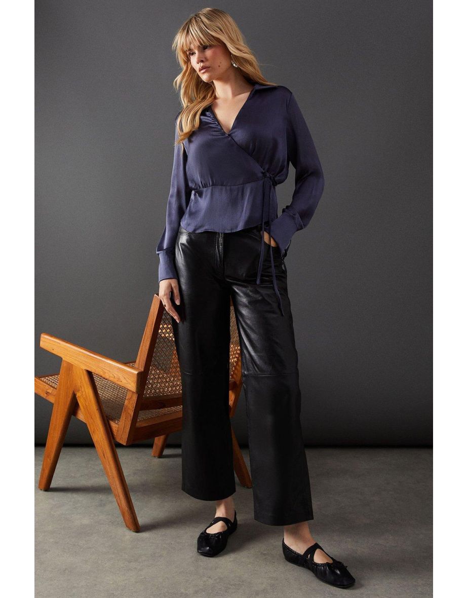Crinkle Satin Wrap Front Tie Side Blouse