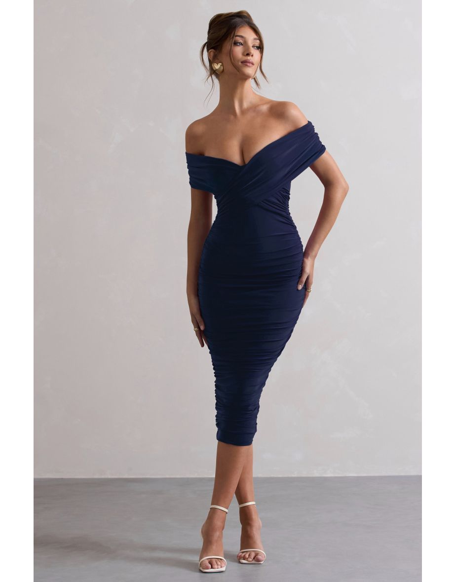 Unwrapped | Navy Ruched Twist Bardot Midi Dress - 4